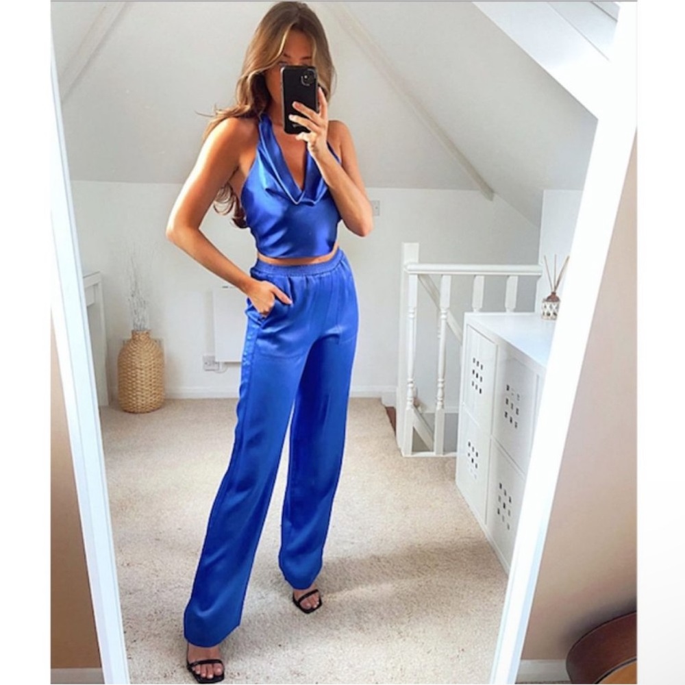 Zara satin effect full length elastic waist blue pants sz.S